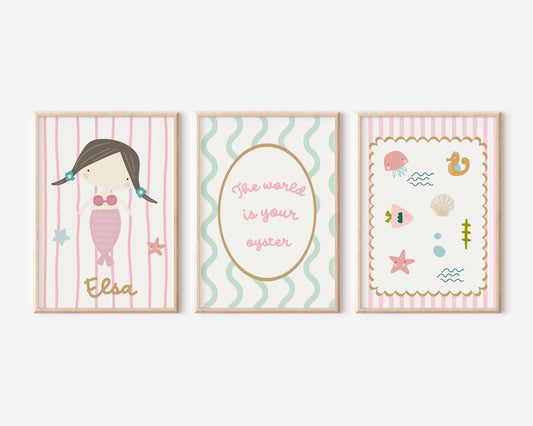 ocean mermaid and shells themed prints for girls nursery, bedroom or playroom