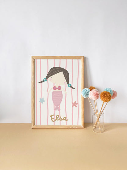 ocean mermaid and shells themed prints for girls nursery, bedroom or playroom