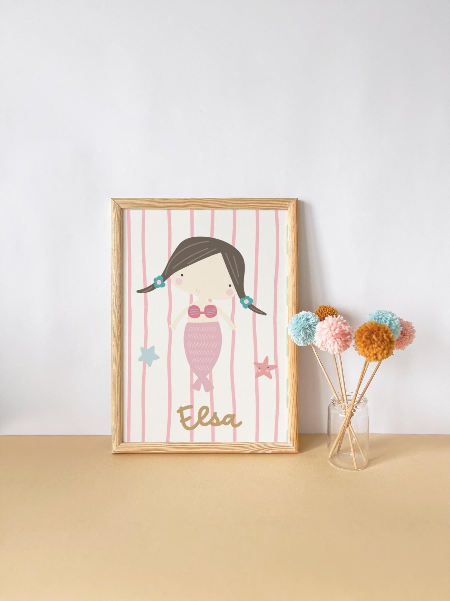 Set of 3 mermaid wall prints for a girl’s nursery or bedroom, including a personalised name print and ocean themed illustrations