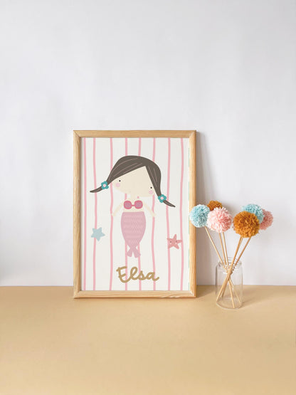 Set of 3 mermaid wall prints for a girl’s nursery or bedroom, including a personalised name print and ocean themed illustrations