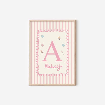 girls whimiscal personalised initial wall print for nursery, bedroom or playroom
