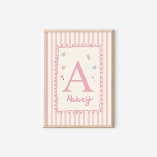 girls whimiscal personalised initial wall print for nursery, bedroom or playroom