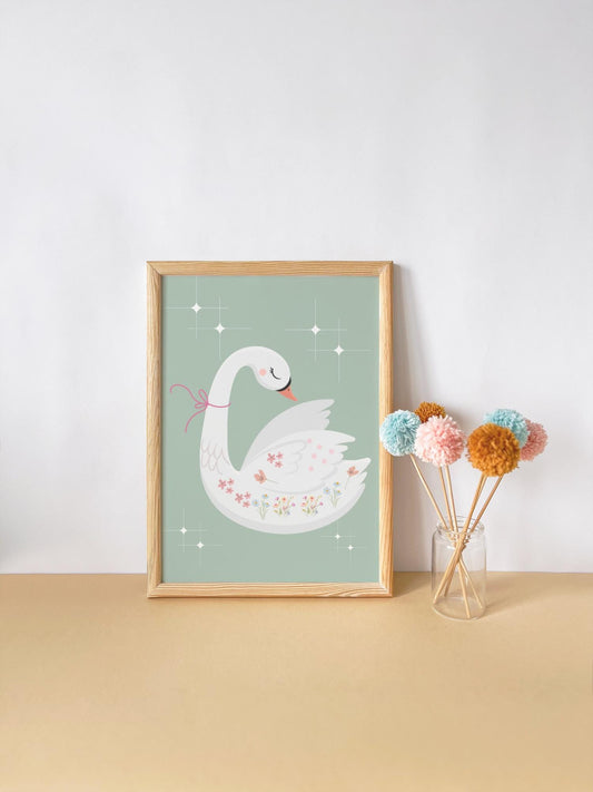whimiscal sage green swan wall print for girls nursery, bedroom or playroom