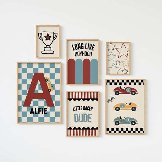Set Of 6 boys Gallery Wall Race Car Prints, long live boyhood for bedroom or playroom