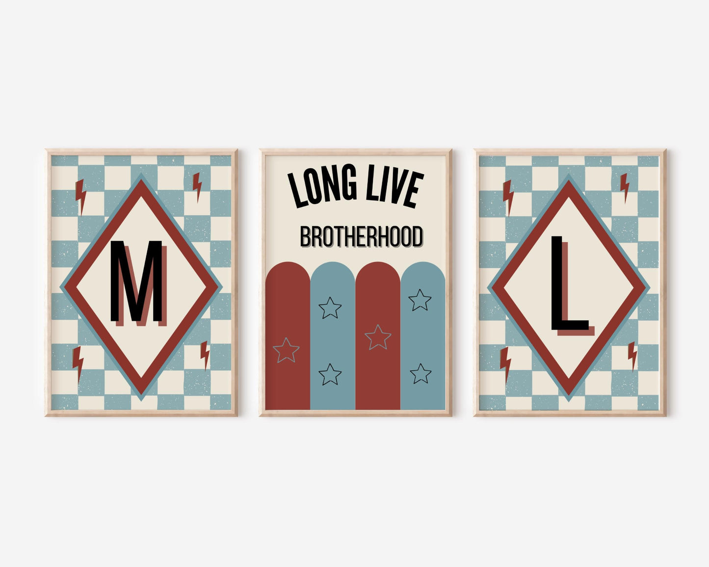 Retro Initial Letter Print Set, Long Live Brotherhood Art, Custom Dorm Decor