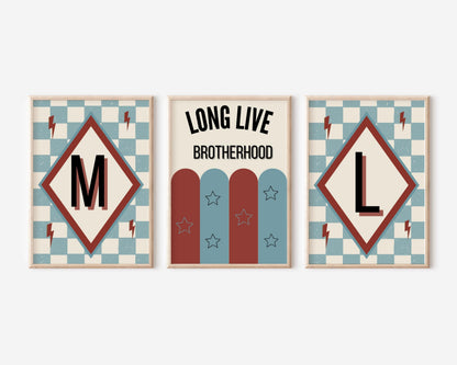 Retro Initial Letter Print Set, Long Live Brotherhood Art, Custom Dorm Decor