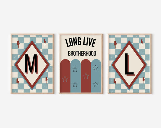 Retro Initial Letter Print Set, Long Live Brotherhood Art, Custom Dorm Decor