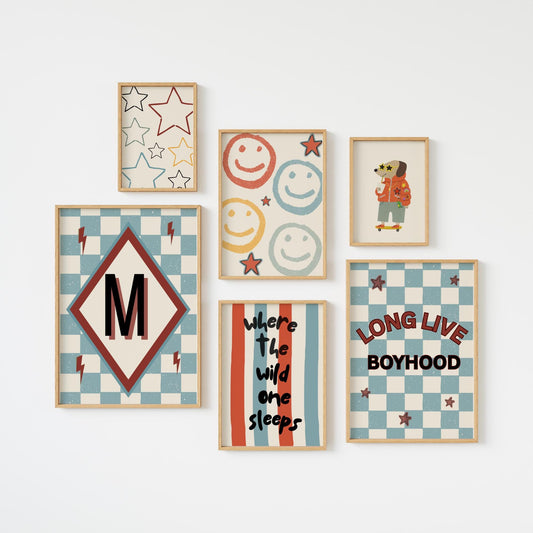 Set Of 6 boys Gallery Wall personalised long live boyhood Prints for bedroom or playroom