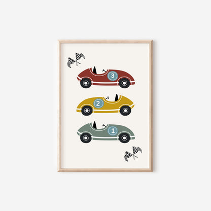 Personalised Boy Nursery Print Set – Unframed Racing Car Wall Art | Vintage Race Car Bedroom Decor