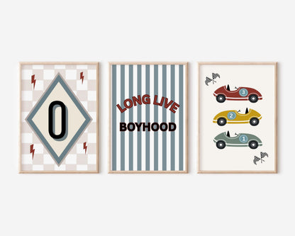 Personalised Boy Nursery Print Set – Unframed Racing Car Wall Art | Vintage Race Car Bedroom Decor
