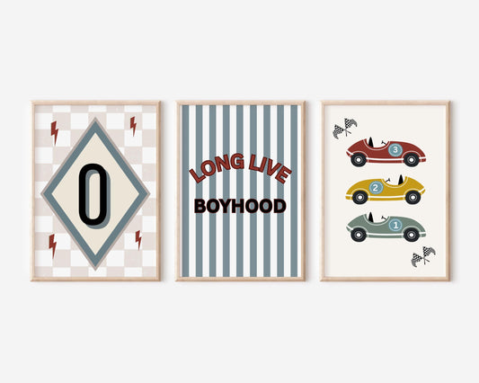 Set of 3 personalised long live boyhood car racing wall prints for bedroom, playroom or nursery