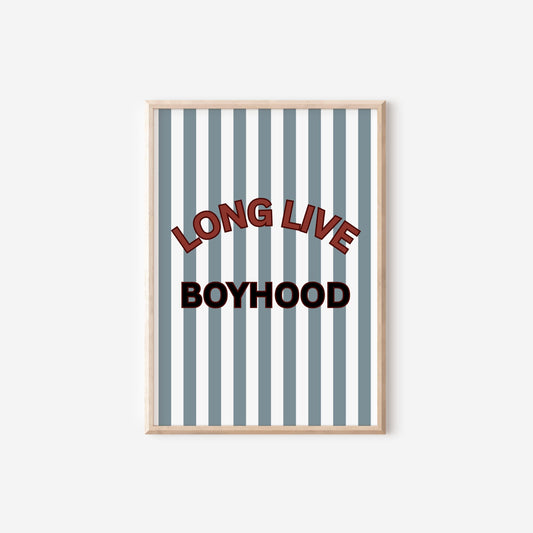 Long Live Boyhood blue and red striped wall print for boys bedroom or nursery