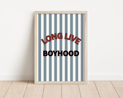Long Live Boyhood blue and red striped wall print for boys bedroom or nursery