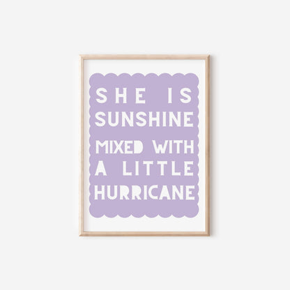 she is sunshine mixed with a little hurricans purple girls wall print for bedroom or nursery