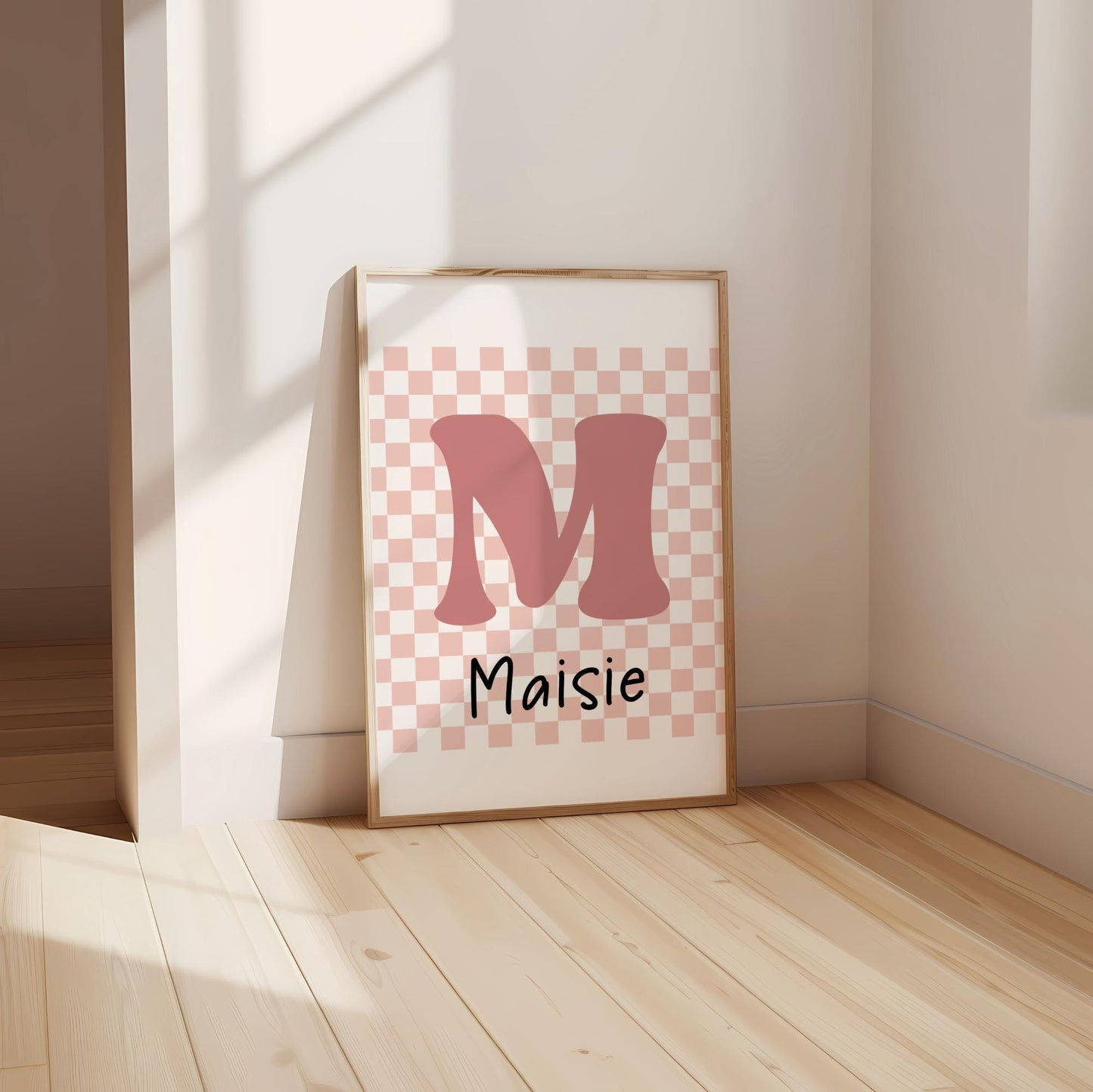 girls Personalised Pink retro checkered initial name Print for bedroom, nursery or playroom