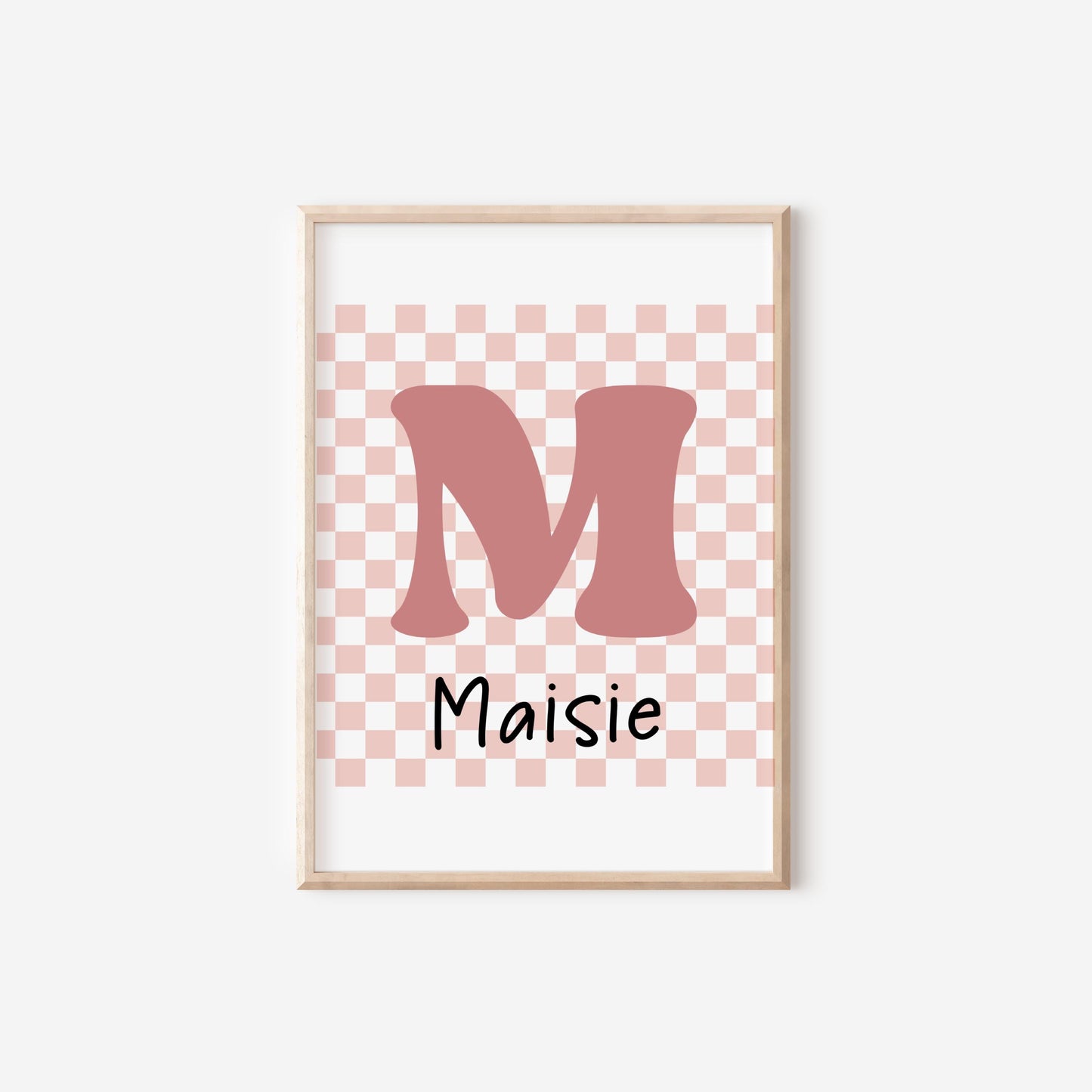girls Personalised Pink retro checkered initial name Print for bedroom, nursery or playroom