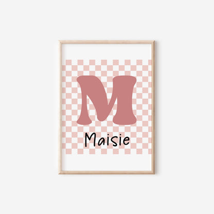 girls Personalised Pink retro checkered initial name Print for bedroom, nursery or playroom