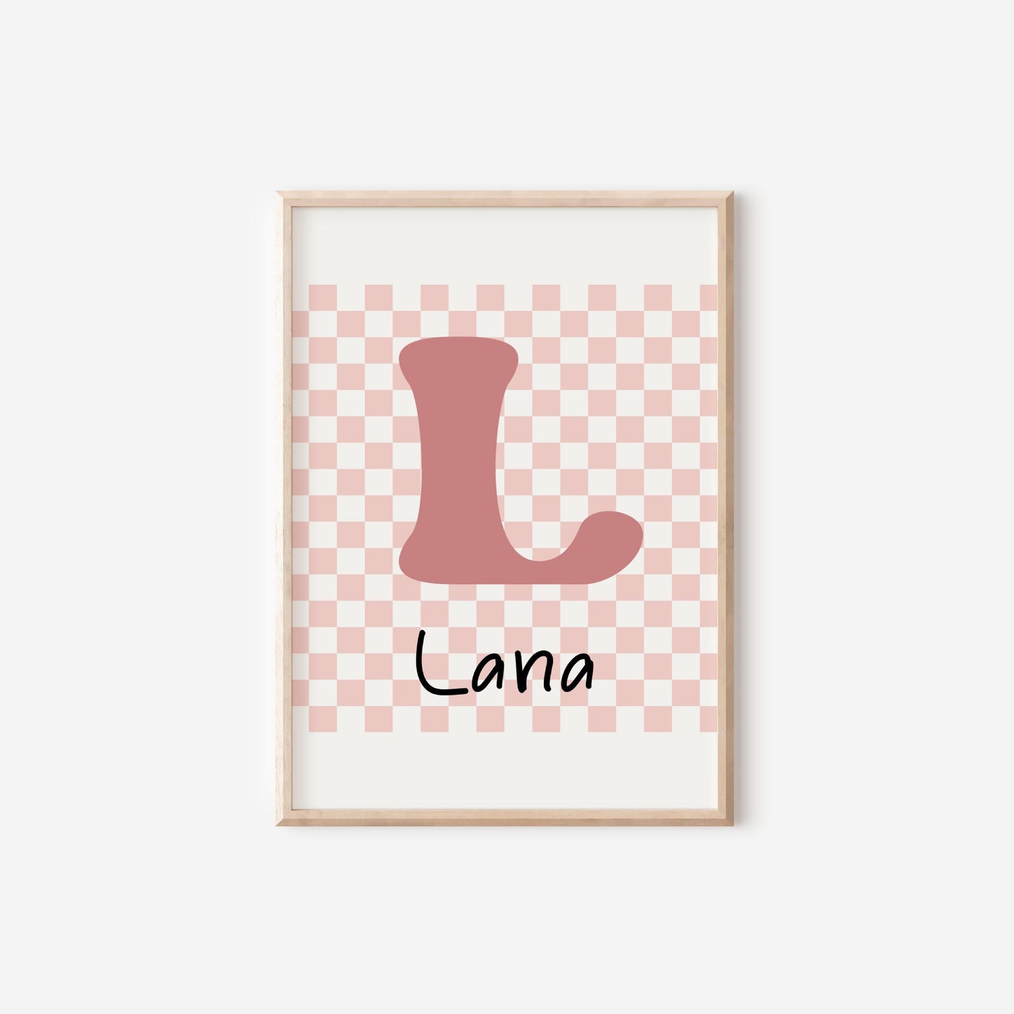girls Personalised Pink retro checkered initial name Print for bedroom, nursery or playroom