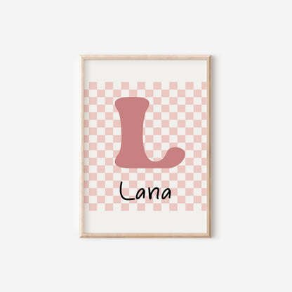 girls Personalised Pink retro checkered initial name Print for bedroom, nursery or playroom