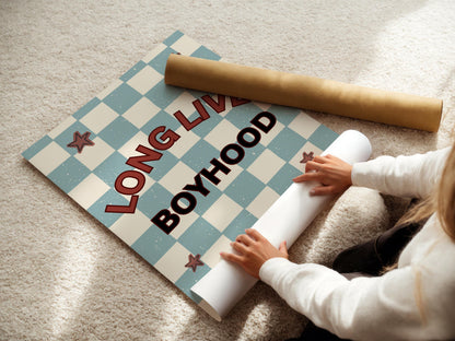 Long Live Boyhood blue and red checkered  Print for boys bedroom or nursery