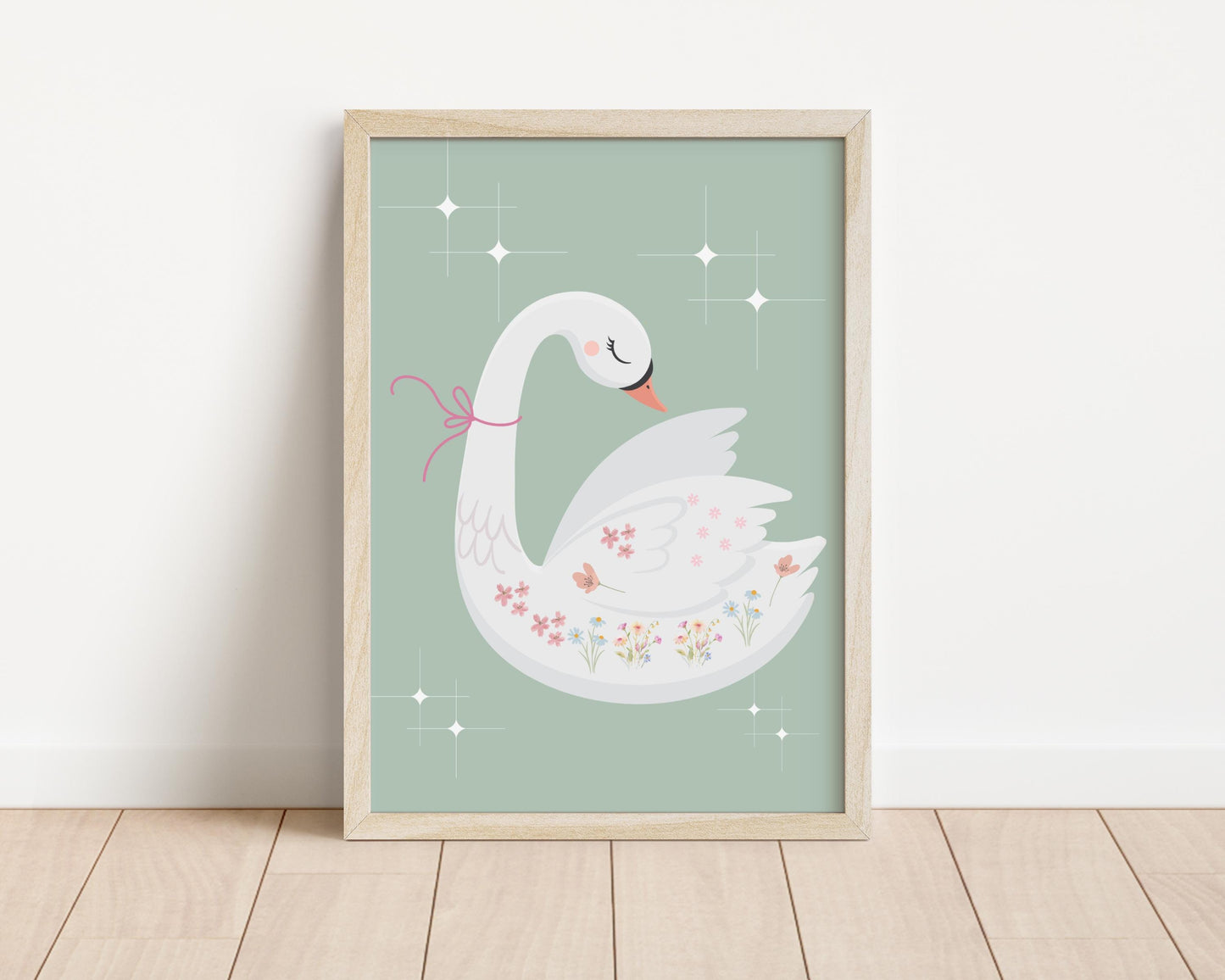whimiscal sage green swan wall print for girls nursery, bedroom or playroom