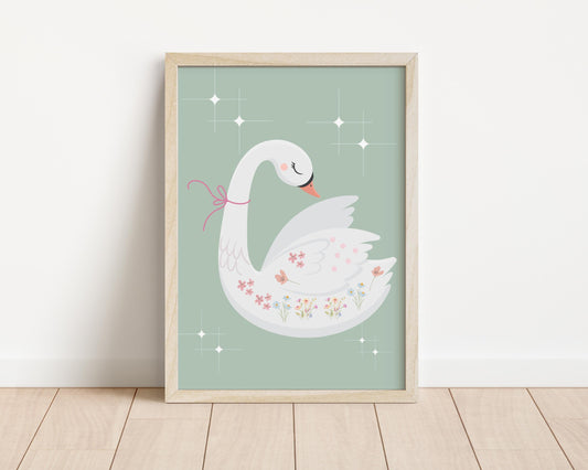 whimiscal sage green swan wall print for girls nursery, bedroom or playroom