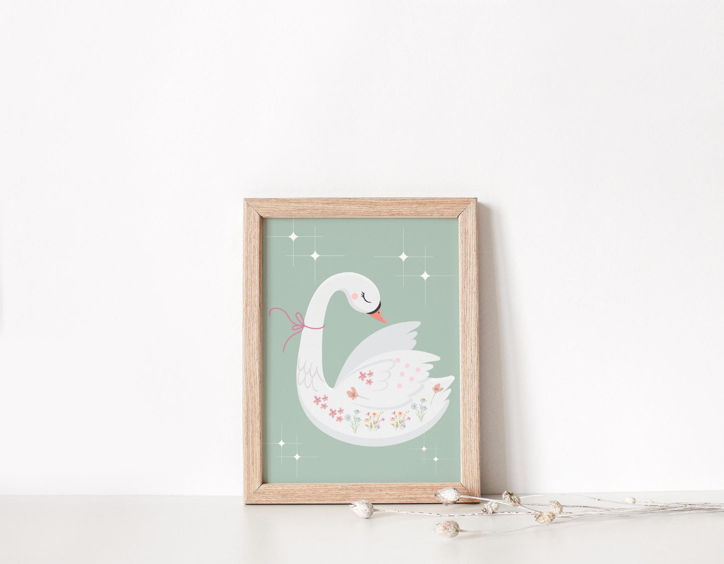 whimiscal sage green swan wall print for girls nursery, bedroom or playroom