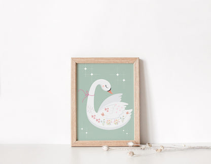 whimiscal sage green swan wall print for girls nursery, bedroom or playroom