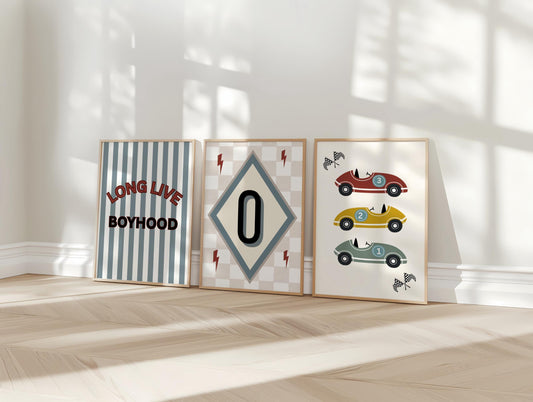 Set of 3 personalised long live boyhood car racing wall prints for bedroom, playroom or nursery