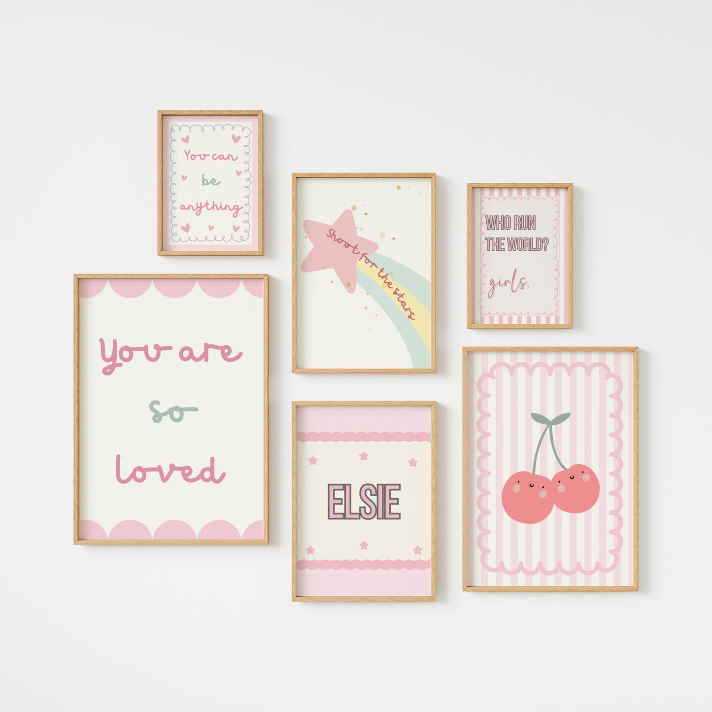 set of personalised "you are so loved"pastel pink gallery wall prints for girls bedroom, playroom or nursery