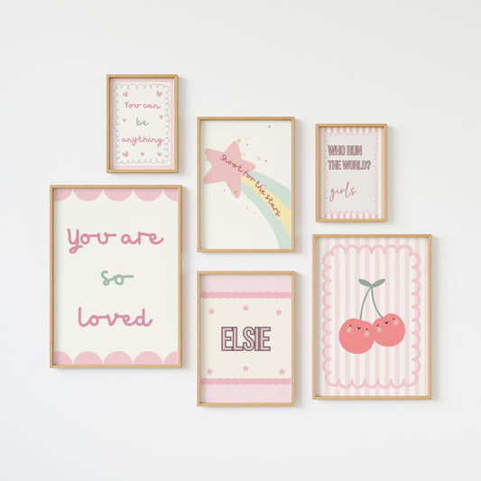 set of personalised "you are so loved"pastel pink gallery wall prints for girls bedroom, playroom or nursery