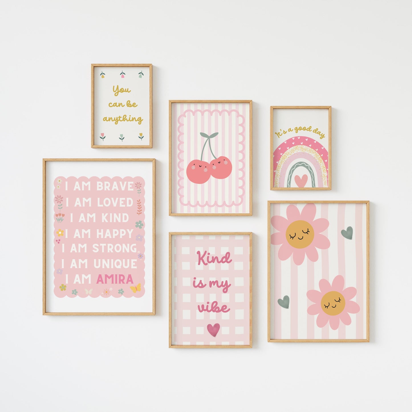 girls pink cherry and floral themed affirmation personalised wall print set for bedroom or nursery