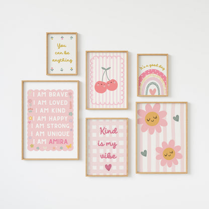 girls pink cherry and floral themed affirmation personalised wall print set for bedroom or nursery