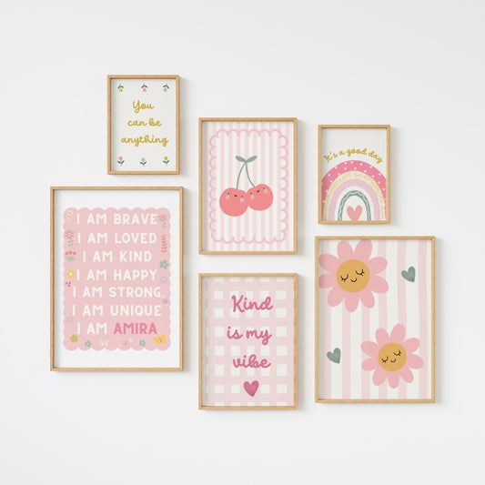 girls pink cherry and floral themed affirmation personalised wall print set for bedroom or nursery