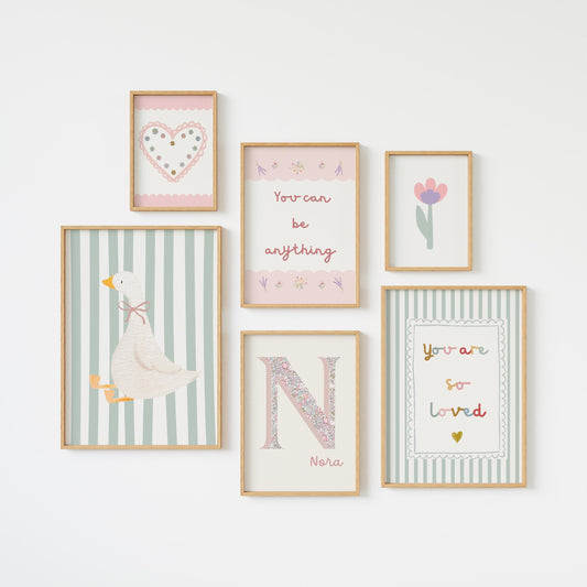 girls floral affirmation personalised wall print set for bedroom or nursery or playroom