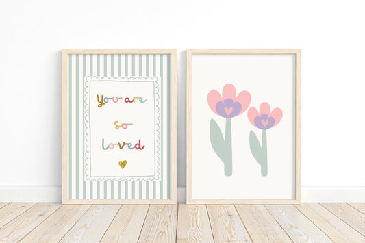 You Are So Loved girls floral wall print set for nursery, bedroom or playroom