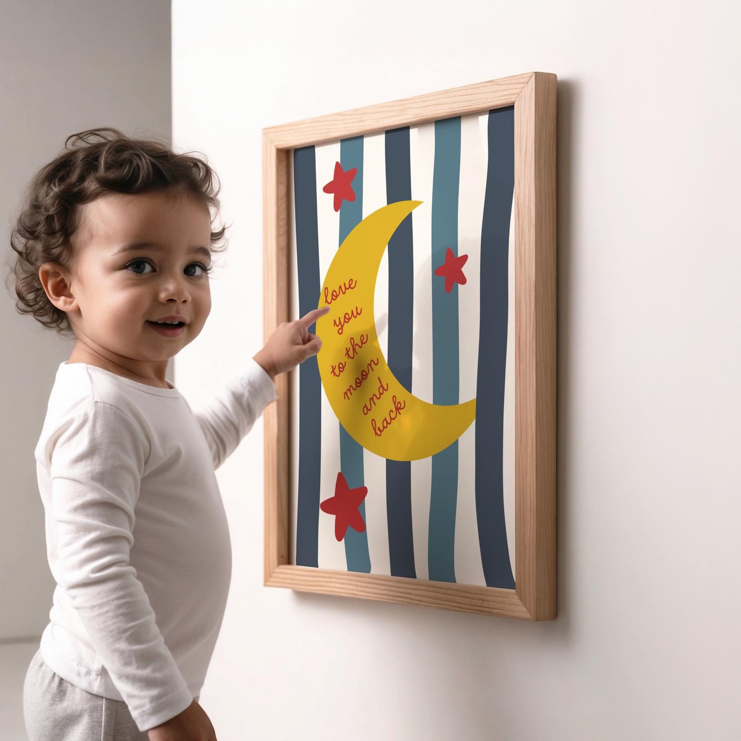 Love You To The Moon blue and red striped wall print for childrens bedroom, playroom or nursery