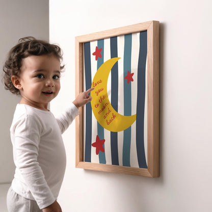 Love You To The Moon blue and red striped wall print for childrens bedroom, playroom or nursery