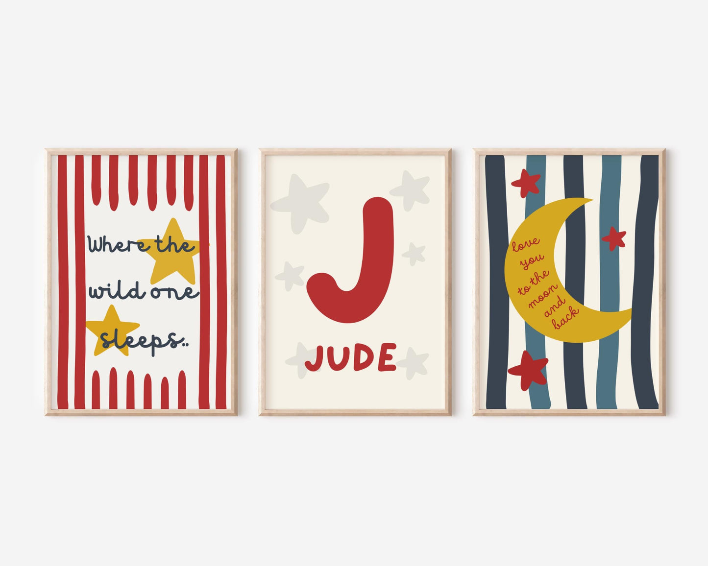 Set of personalised star and moon wall prints "where the wild one sleeps" for childrens bedroom or playroom
