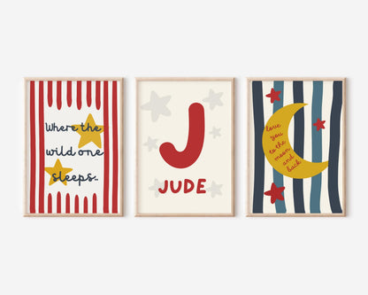 Set of personalised star and moon wall prints "where the wild one sleeps" for childrens bedroom or playroom