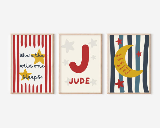 Set of personalised star and moon wall prints "where the wild one sleeps" for childrens bedroom or playroom