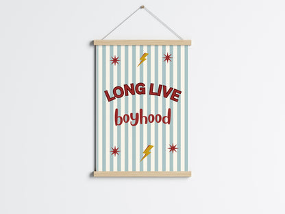 Long Live Boyhood blue and red striped wall print for for boys bedroom or nursery