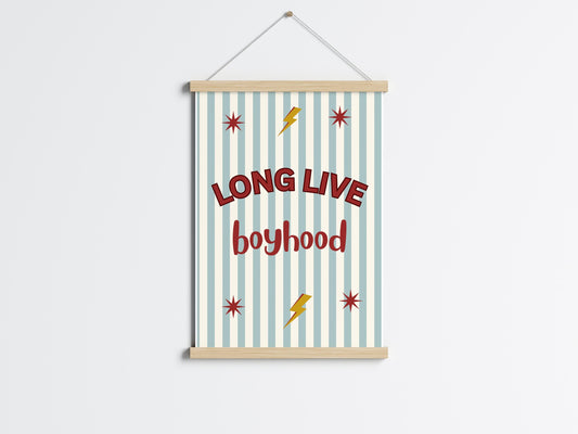Long Live Boyhood blue and red striped wall print for for boys bedroom or nursery