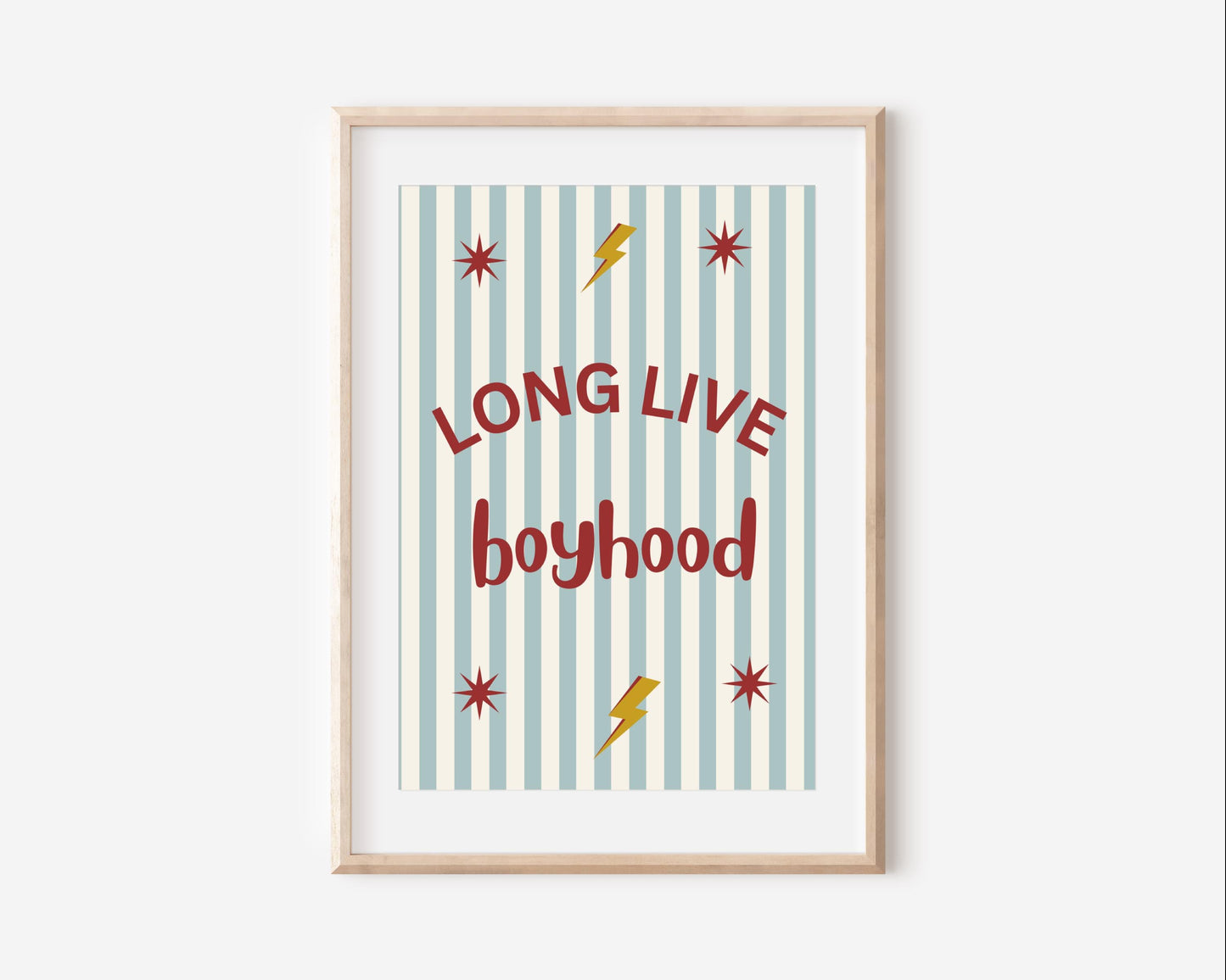 Long Live Boyhood blue and red striped wall print for for boys bedroom or nursery