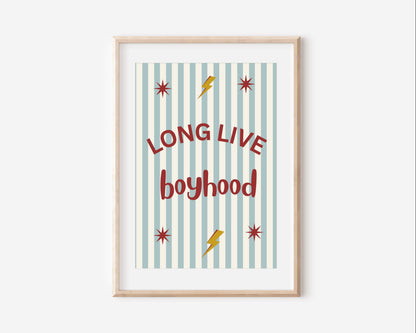 Long Live Boyhood blue and red striped wall print for for boys bedroom or nursery