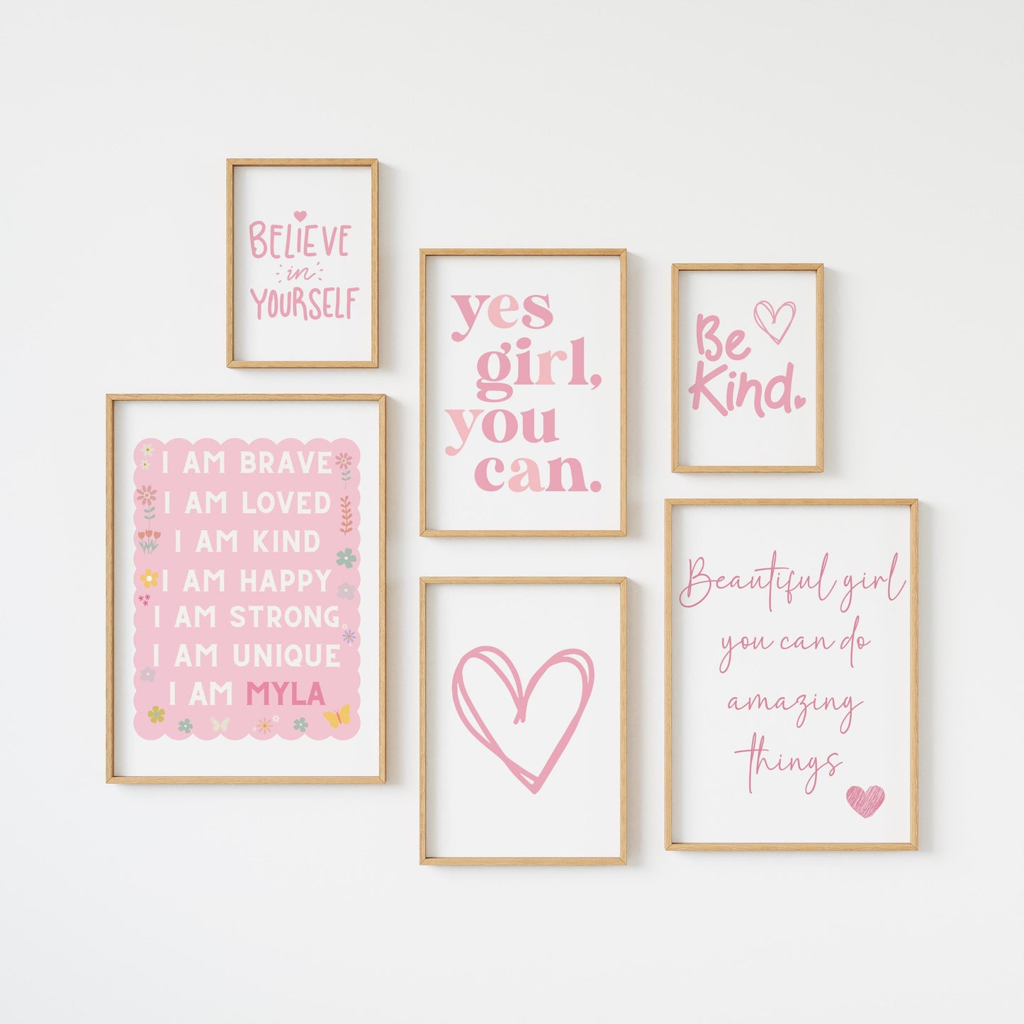 girls affirmation room print set, personalised gallery set for girls bedroom, pink positive affirmation wall art