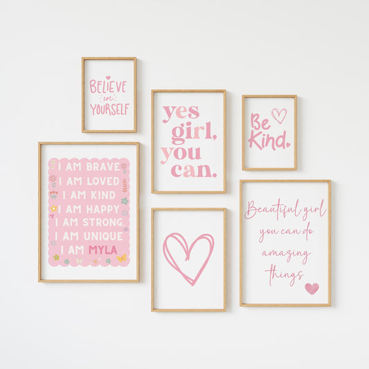 girls affirmation room print set, personalised gallery set for girls bedroom, pink positive affirmation wall art