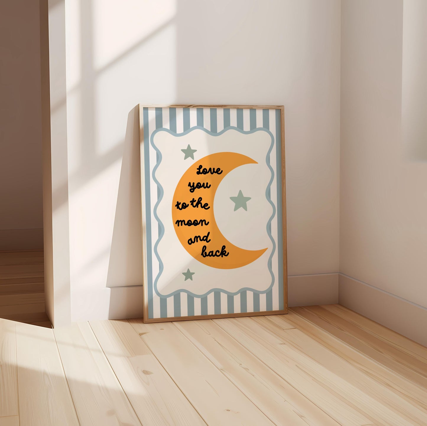 Love You to the Moon Print blue, Scalloped Border Nursery Decor