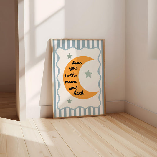 Love You to the Moon Print blue, Scalloped Border Nursery Decor