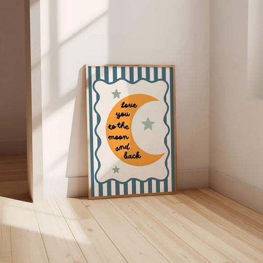 Love You to the Moon Print blue, Scalloped Border Nursery Decor